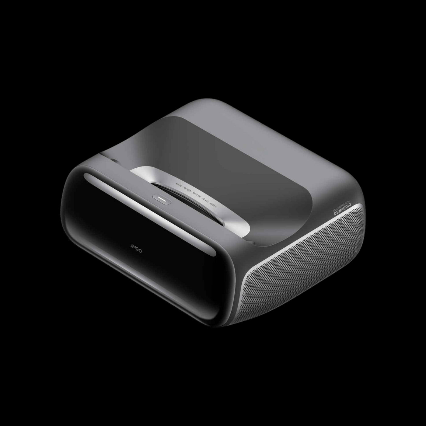 JMGO O2S Ultra 4K ultra short throw projector side angle view showing compact design and premium build