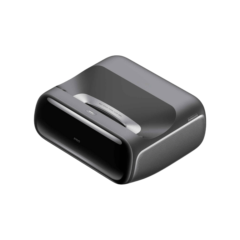 JMGO O2S Ultra 4K ultra short throw projector side angle view showing compact design and premium build