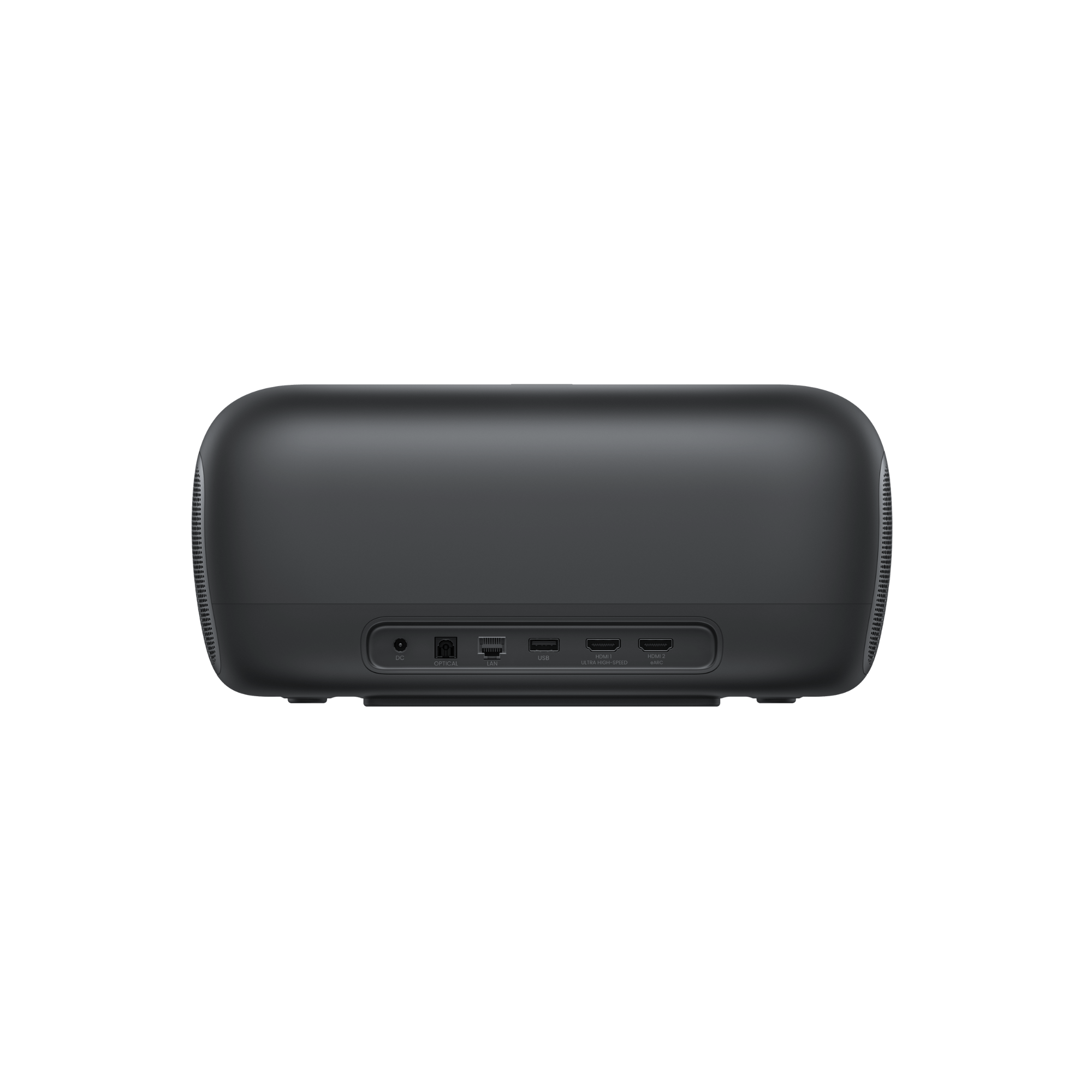 JMGO O2S Ultra 4K ultra short throw projector back view showing multiple connectivity ports including HDMI and USB