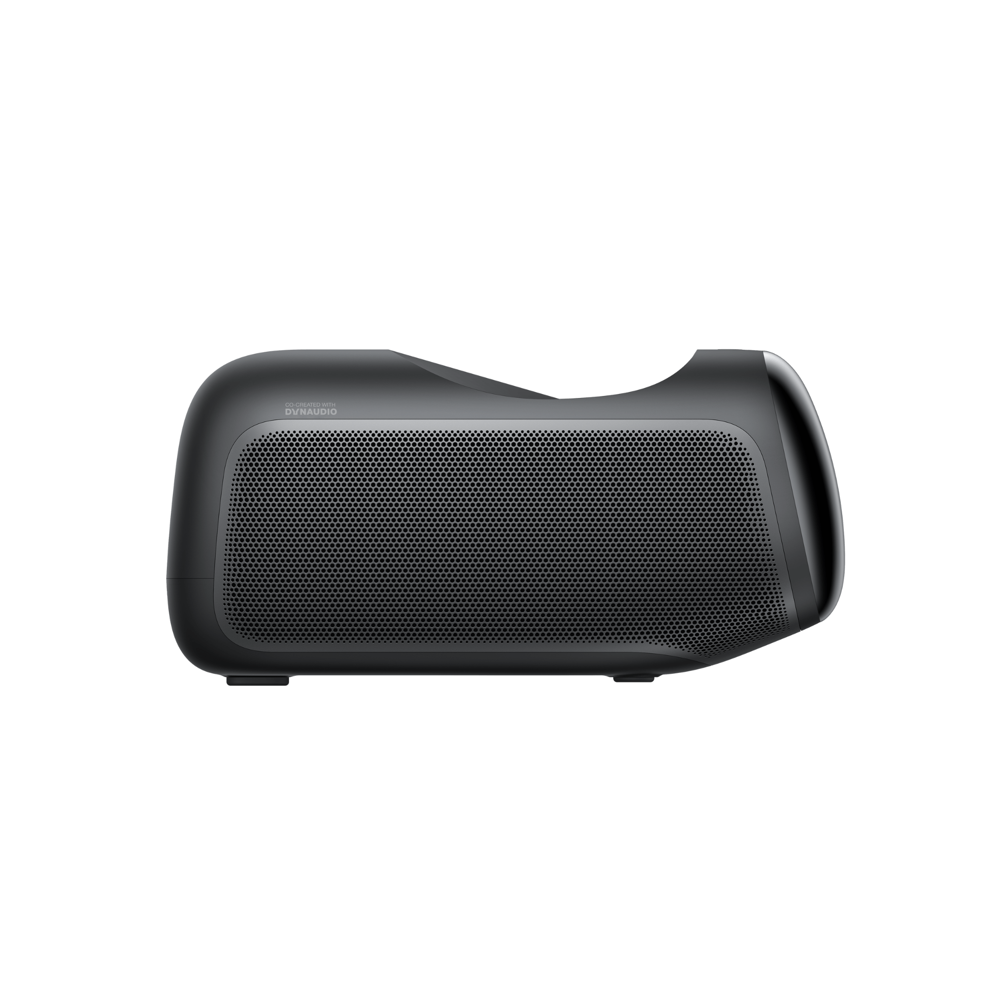 Side view of JMGO O2S Ultra 4K ultra short throw projector showing built-in Dynaudio speaker design