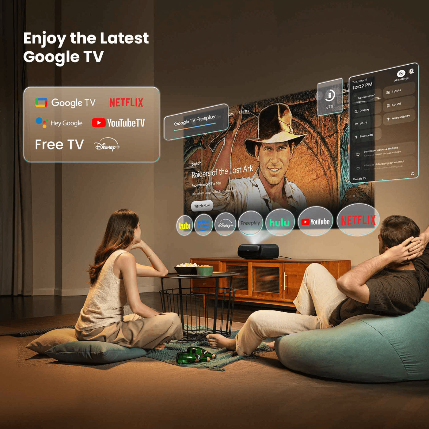JMGO O2S Ultra 4K ultra short throw projector featuring Google TV ecosystem with Netflix, YouTube, Disney Plus, and Free TV apps for ultimate streaming entertainment