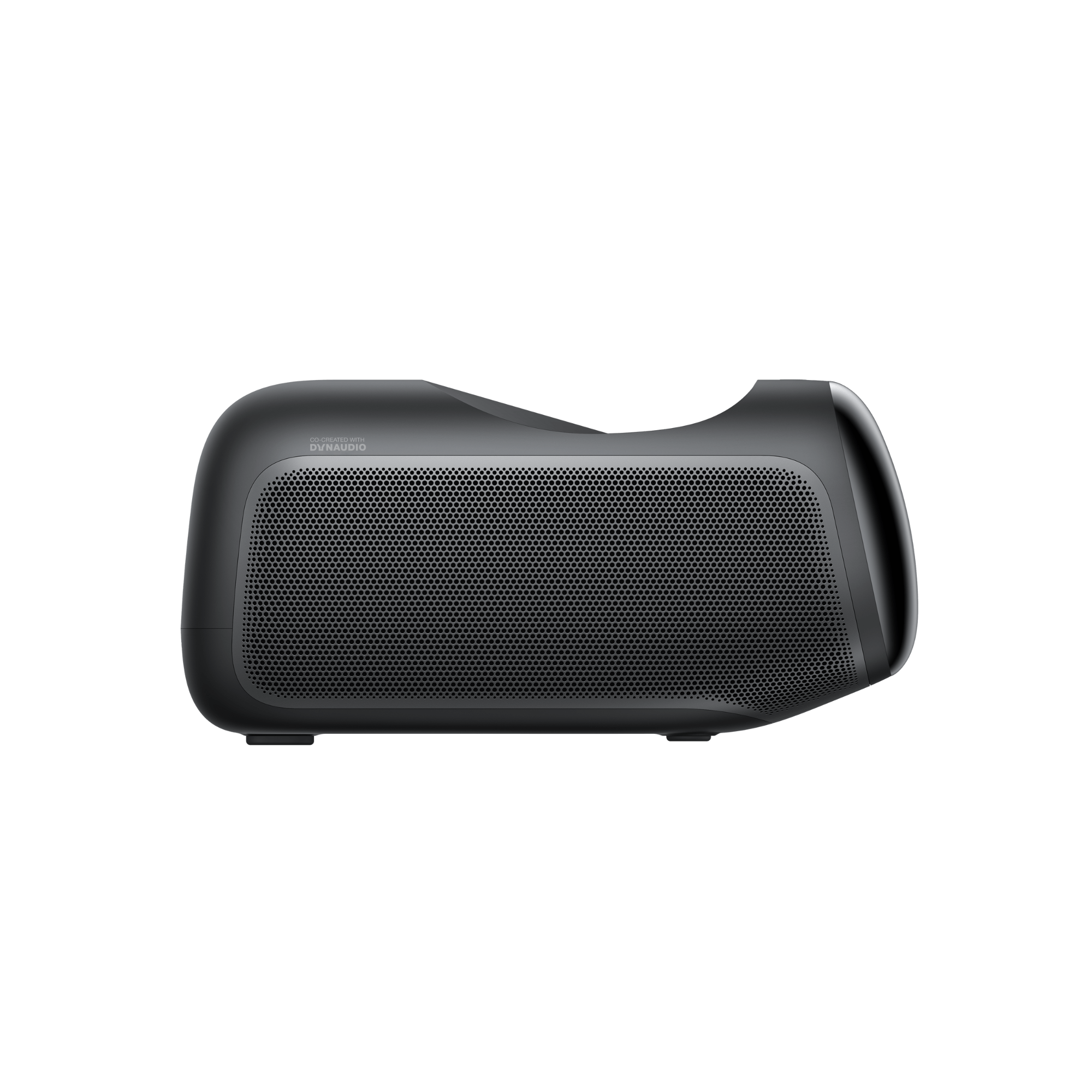 Side view of JMGO O2S Ultra 4K ultra short throw projector showing built-in Dynaudio speaker design