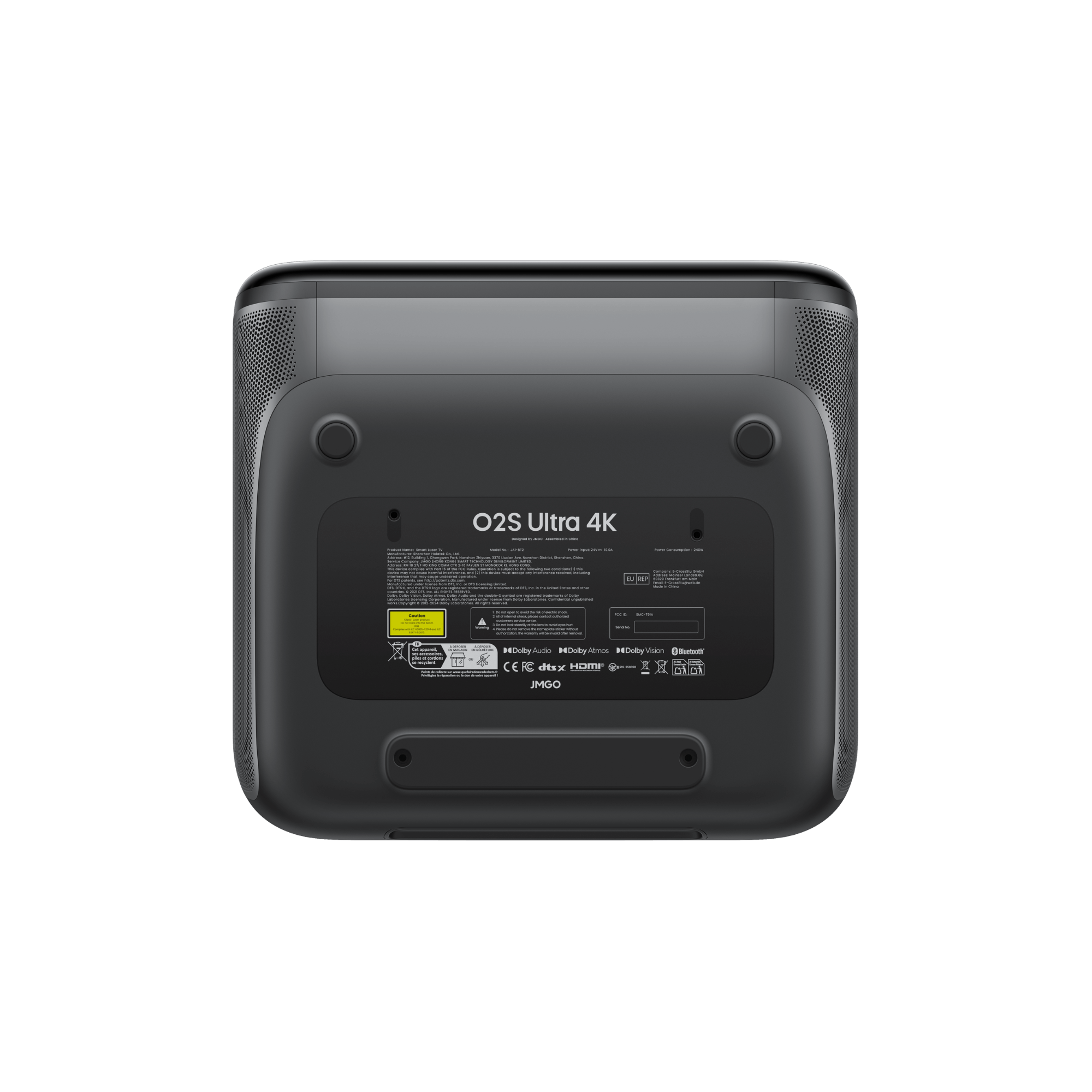 JMGO O2S Ultra 4K ultra short throw projector bottom view showing product information