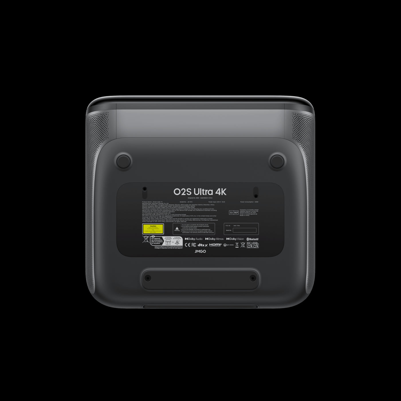 JMGO O2S Ultra 4K ultra short throw projector bottom view showing product information