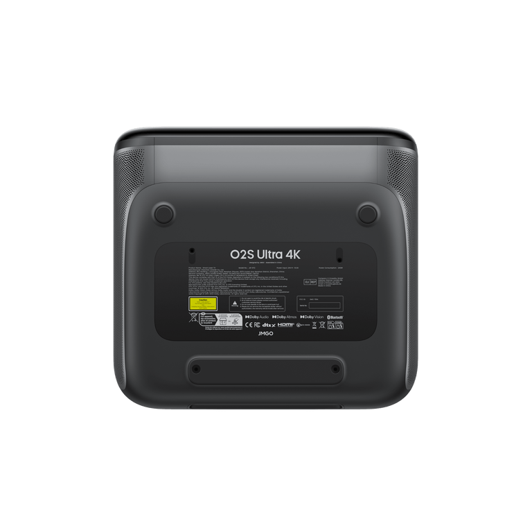 JMGO O2S Ultra 4K ultra short throw projector bottom view showing product information