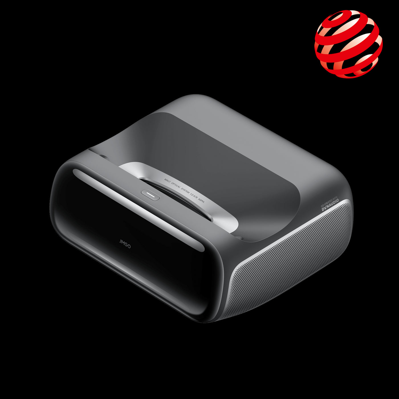 JMGO O2S Ultra 4K ultra short throw projector side angle view showing compact design and premium build