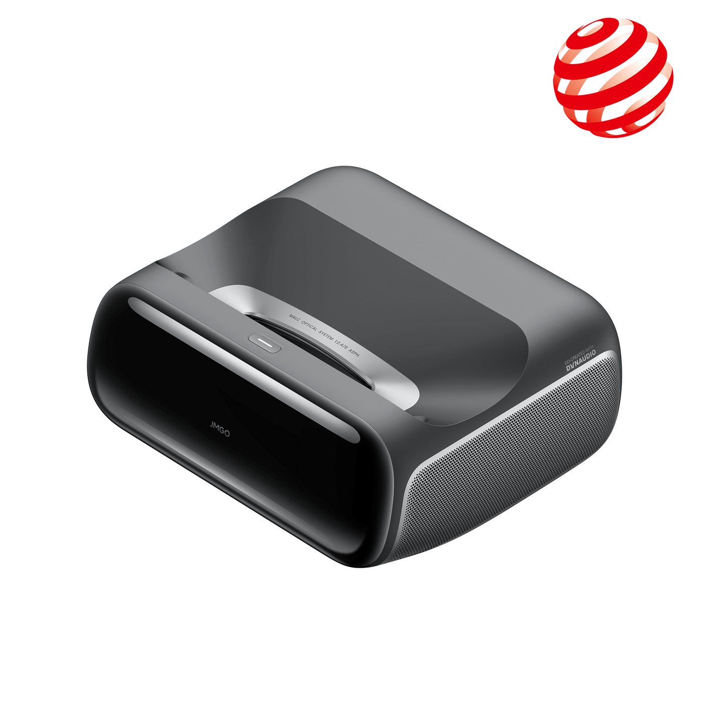 JMGO O2S Ultra 4K ultra short throw projector side angle view showing compact design and premium build