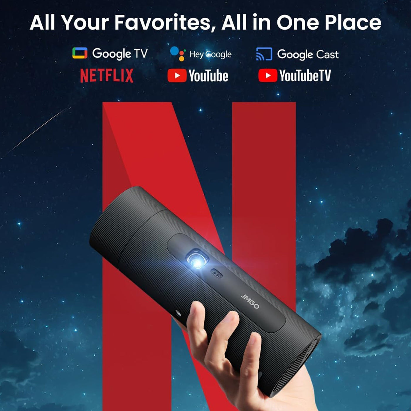 jmgo picoflix mini projector compatibility with netflix, google tv, hey google, youtube, youtube tv and Google cast