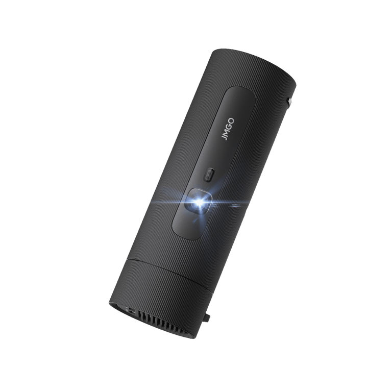 Front view of the black JMGO PicoFlix portable projector with sleek body, offering cordless use and up to 4.5 hours of battery life for outdoor and on-the-go viewing