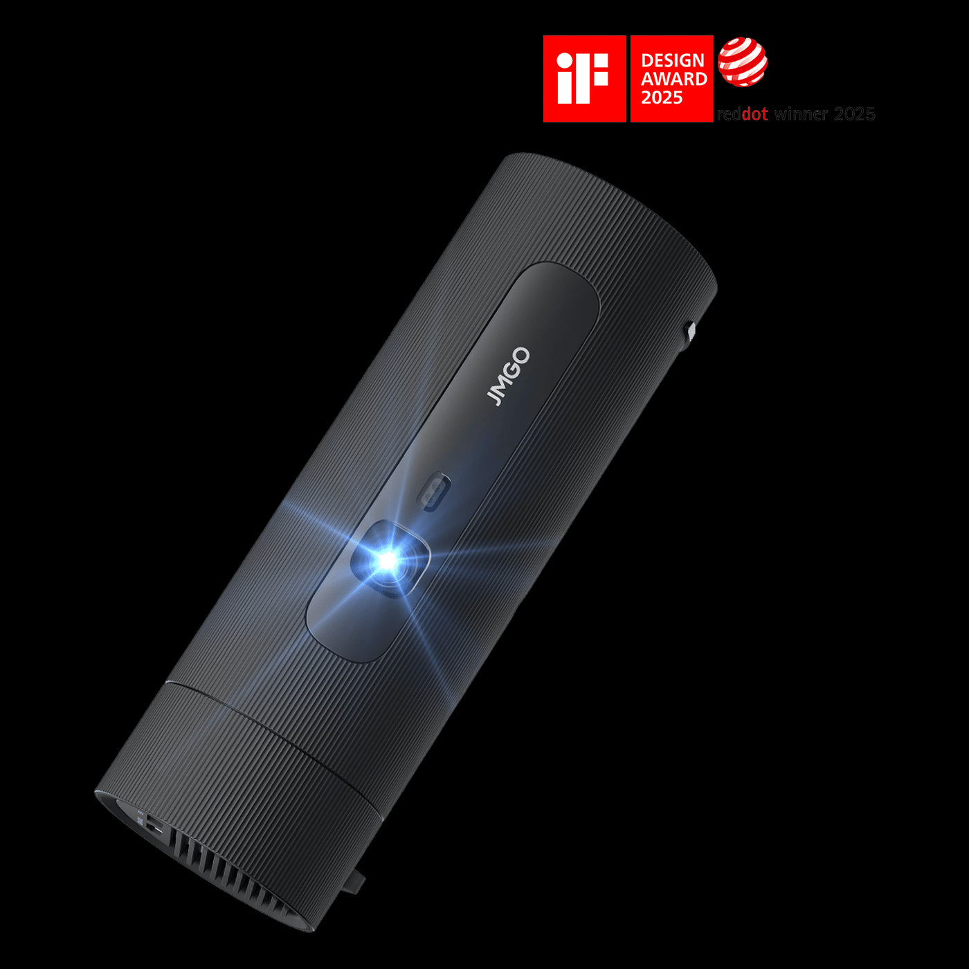 Front view of the black JMGO PicoFlix portable projector with a sleek body, offering cordless use and up to 4.5 hours of battery life for outdoor and on-the-go viewing, and recognized with the iF Design Award and Red Dot Winner.