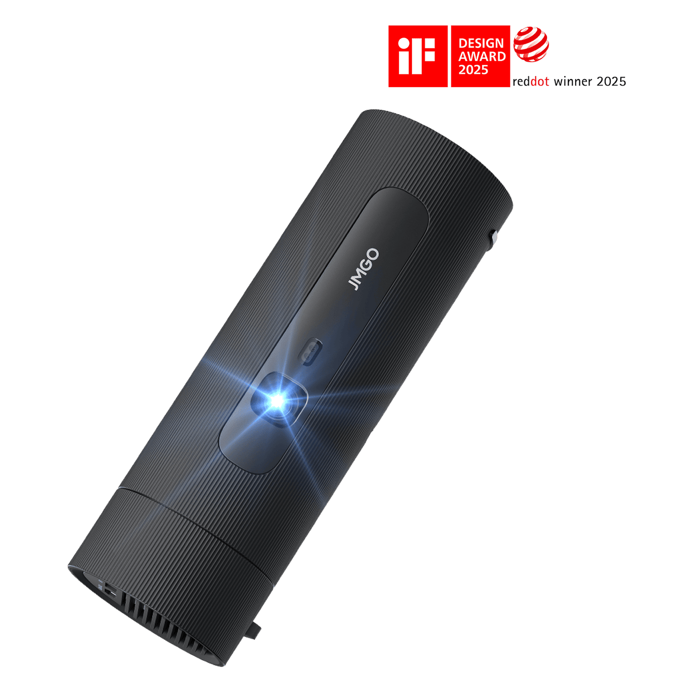 Front view of the black JMGO PicoFlix portable projector with a sleek body, offering cordless use and up to 4.5 hours of battery life for outdoor and on-the-go viewing, and recognized with the iF Design Award and Red Dot Winner.