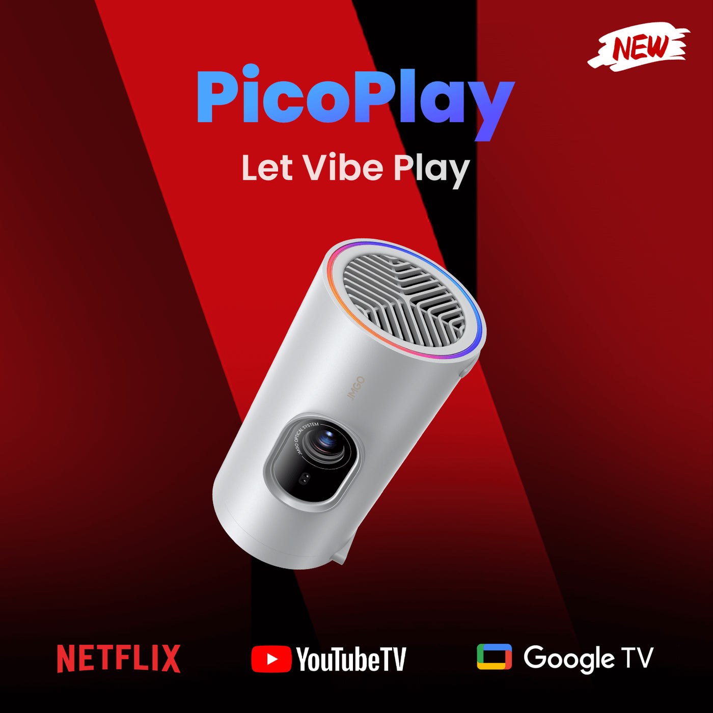 JMGO PicoPlay portable projector with Netflix, YouTube TV, and Google TV support for streaming, home entertainment