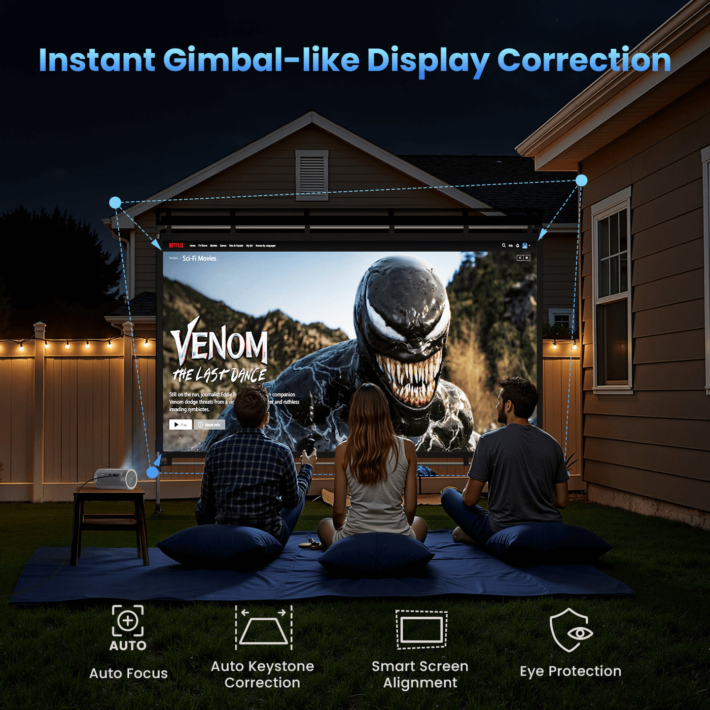 Backyard movie night with JMGO PicoPlay smart portable projector using auto keystone correction for a perfect outdoor cinema experience