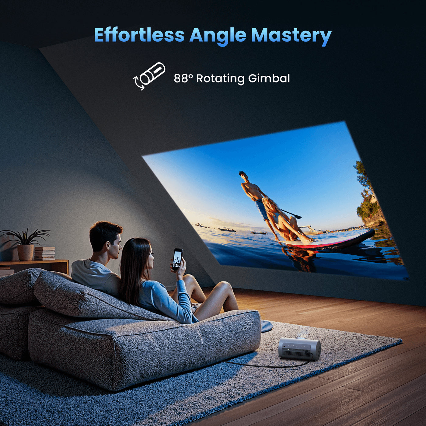 Couple watching a movie in the living room with JMGO PicoPlay portable home projector on an 88° rotating gimbal, creating a flexible big screen cinema experience.