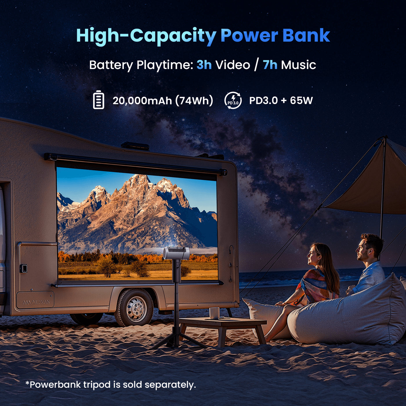 High-capacity portable power bank with 3-hour video and 7-hour music playback, long battery life and fast charging for travel and outdoor use