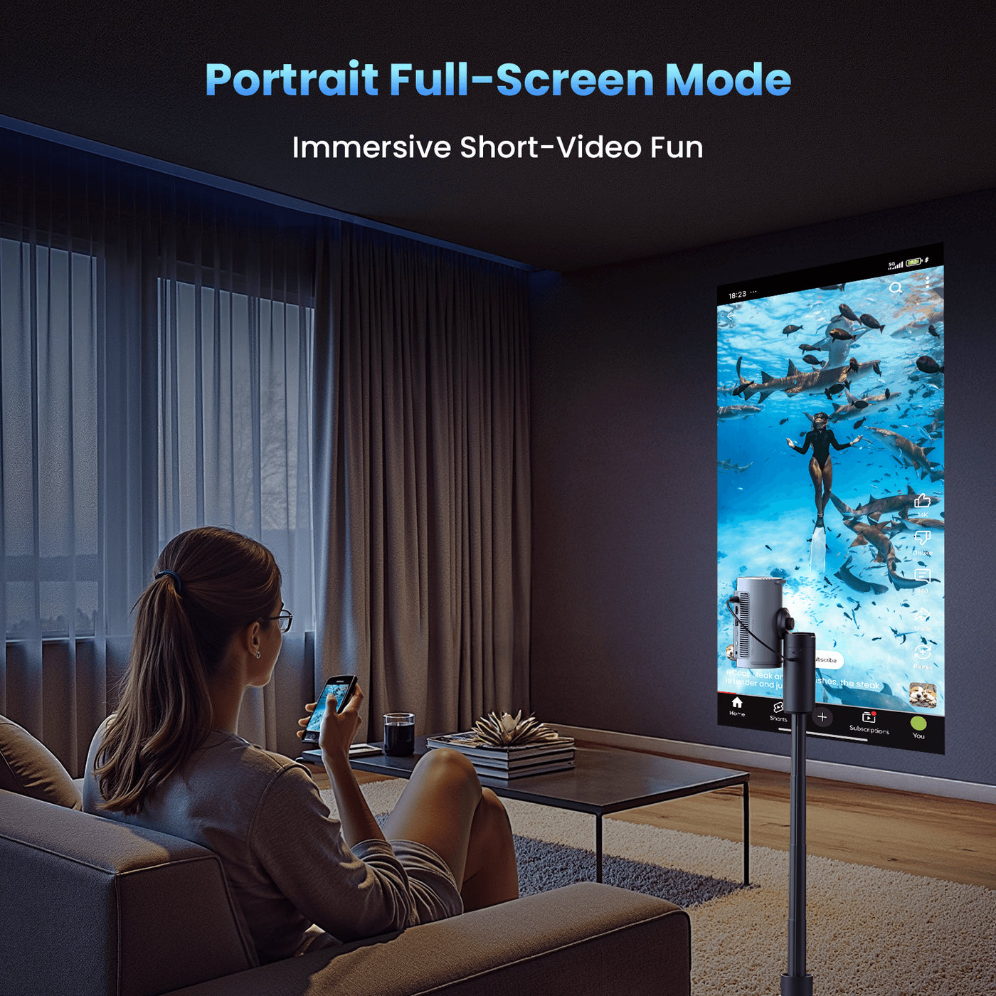 Young woman in living room using JMGO PicoPlay portable mini projector in vertical mode to watch TikTok videos from smartphone, ideal for home entertainment and social media streaming