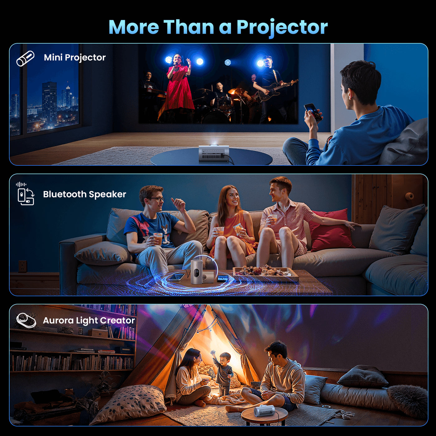 JMGO PicoPlay portable projector with built-in Bluetooth speaker and Aurora Light Creator, used for home entertainment, outdoor movies, and parties