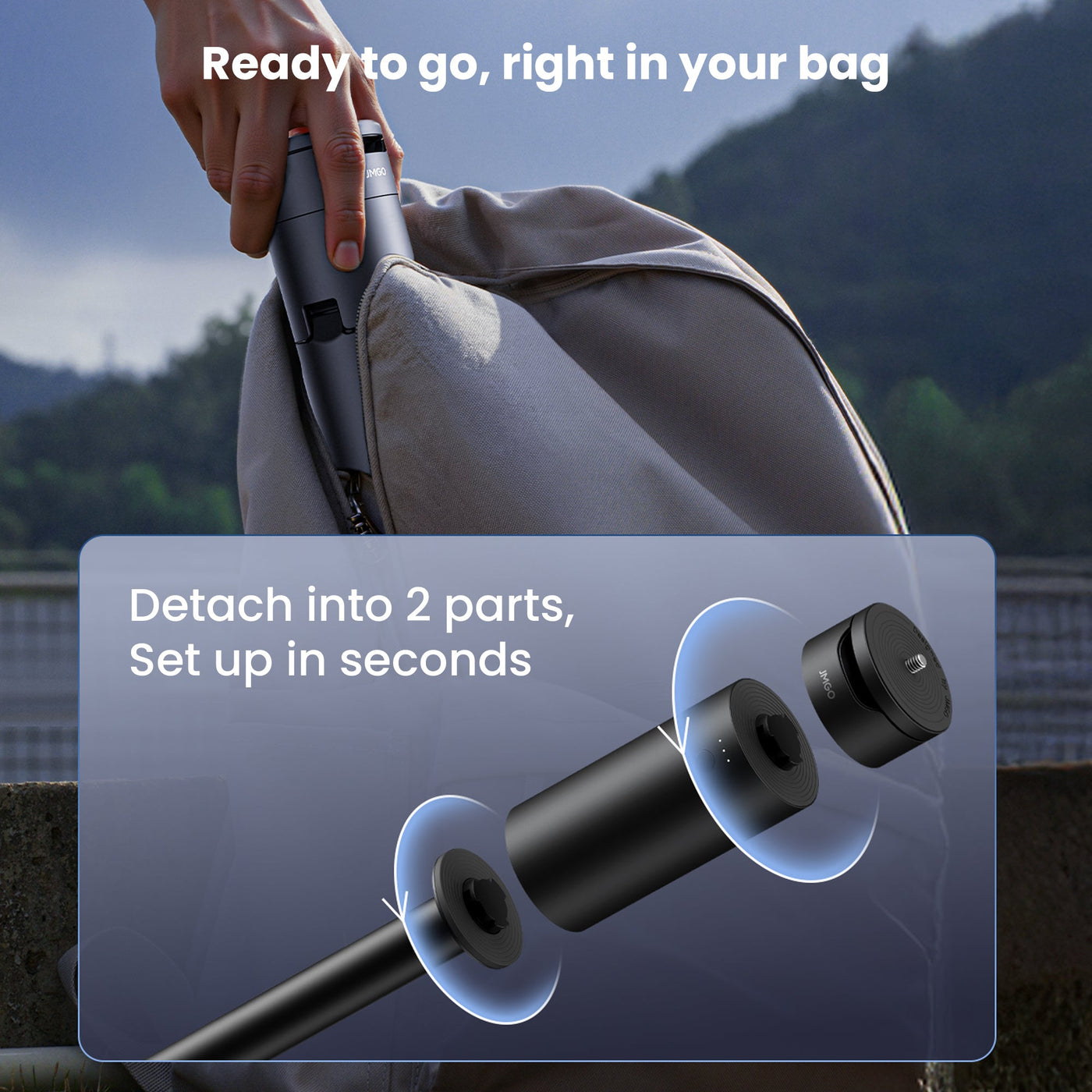 JMGO portable tripod stand with detachable design, foldable and adjustable for easy setup, travel, and universal projector use