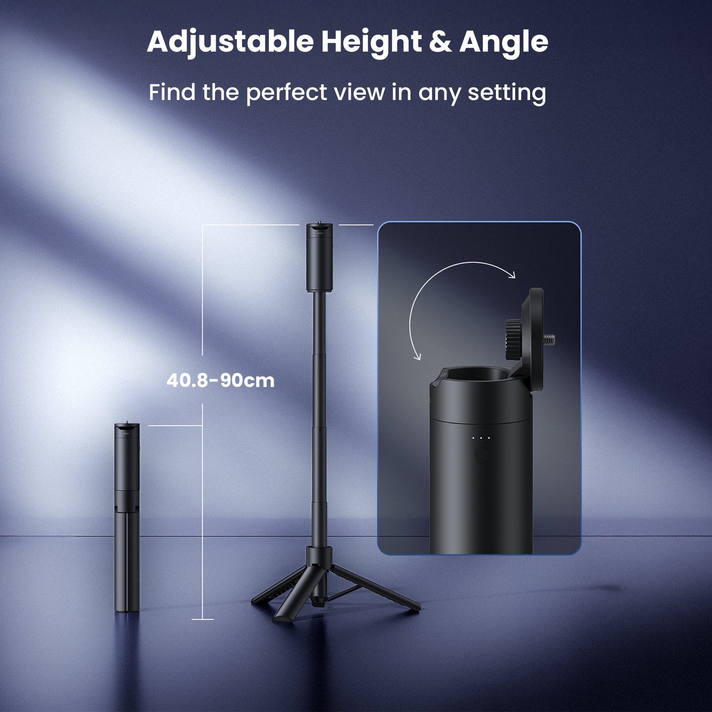 JMGO adjustable projector stand tripod with height and angle dimensions, portable and foldable universal design on dark background
