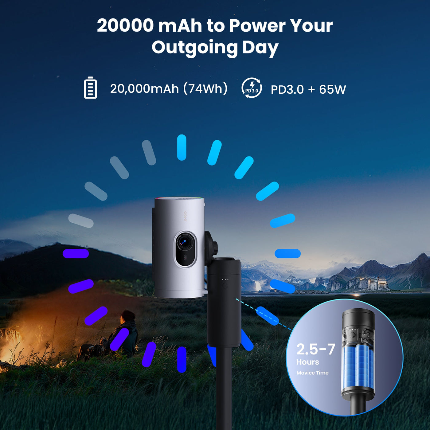 JMGO 20,000mAh power bank with fast charging specifications, outdoor portable design against mountainous landscape