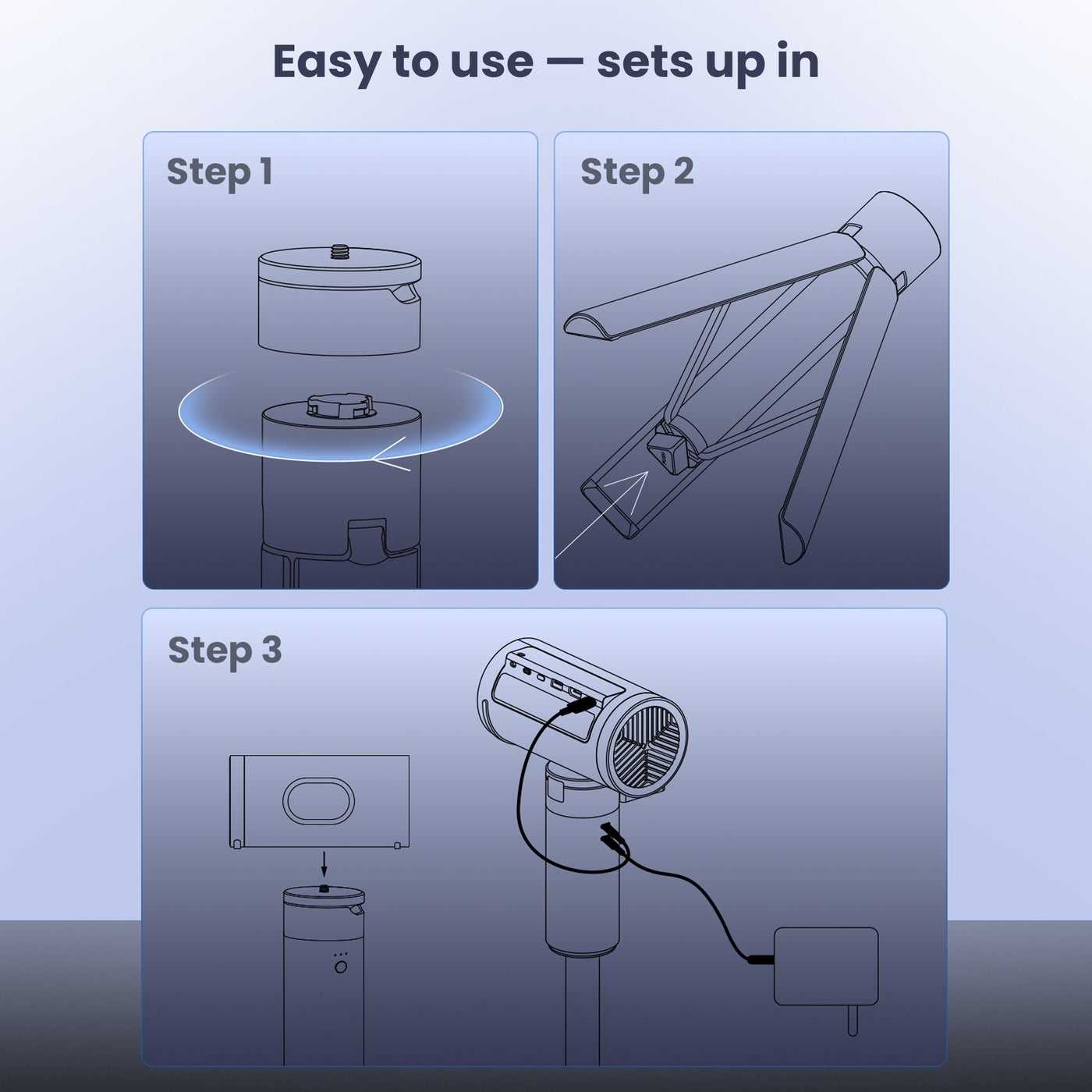 JMGO tripod projector stand setup guide — step-by-step illustrated instructions for assembly and installation