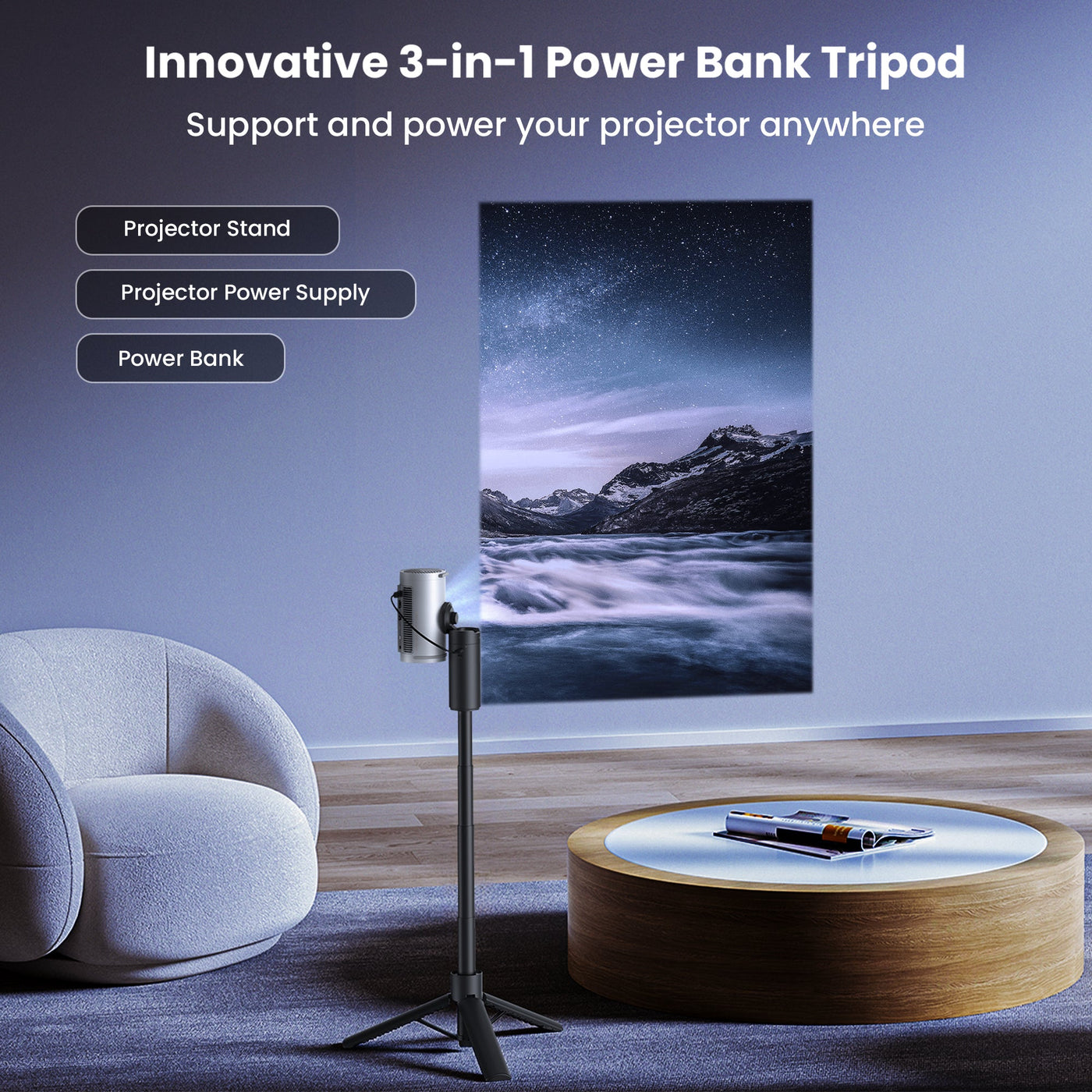 JMGO innovative 3-in-1 power bank tripod with projector display in a modern home entertainment room