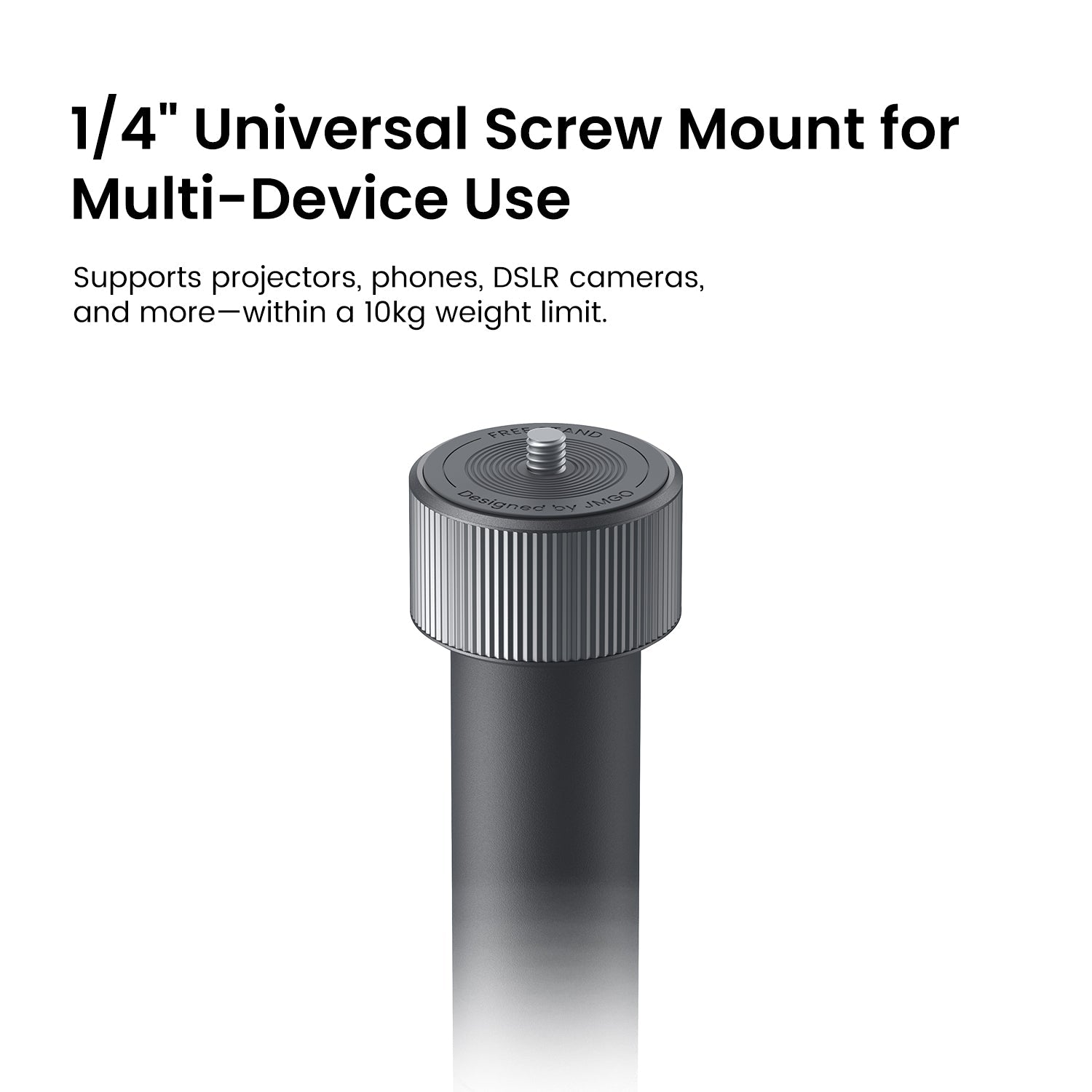 JMGO mini floor stand with universal screw mount, supporting projectors, phones, and devices up to 10kg