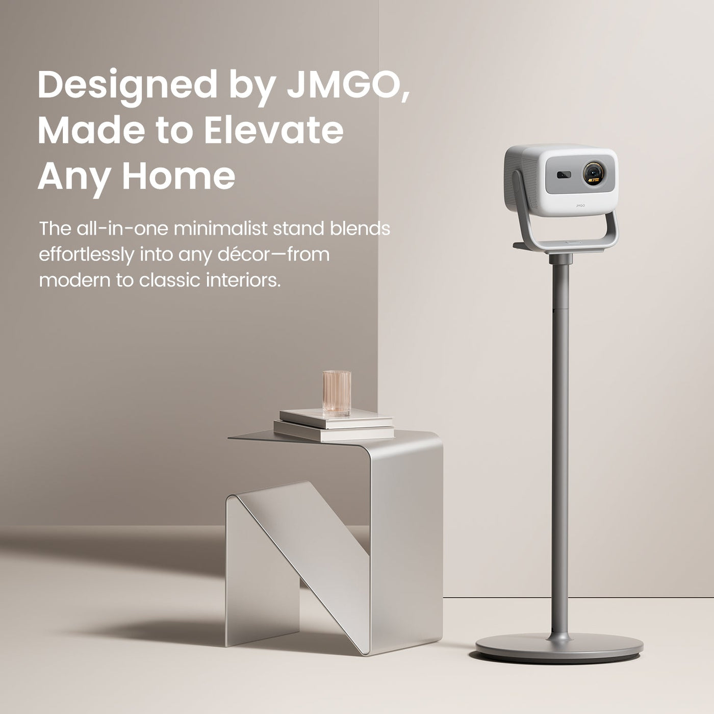JMGO mini floor stand for projectors with a sleek silver-white design, adaptable to various home styles while providing stable and adjustable setup for immersive home theater and gaming