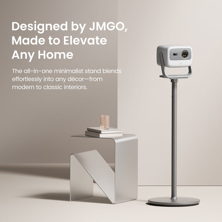JMGO mini floor stand for projectors with a sleek silver-white design, adaptable to various home styles while providing stable and adjustable setup for immersive home theater and gaming