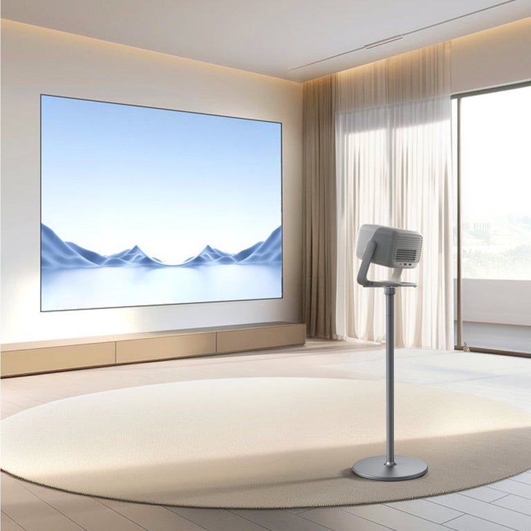 JMGO mini floor stand with JMGO N1S 4K projector for stable, flexible home theater projection