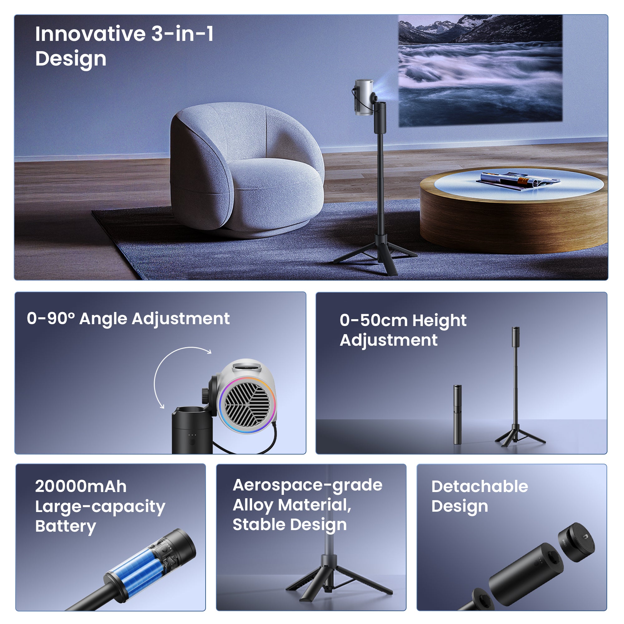 JMGO 3-in-1 adjustable projector tripod stand with detachable components, versatile design for home entertainment room
